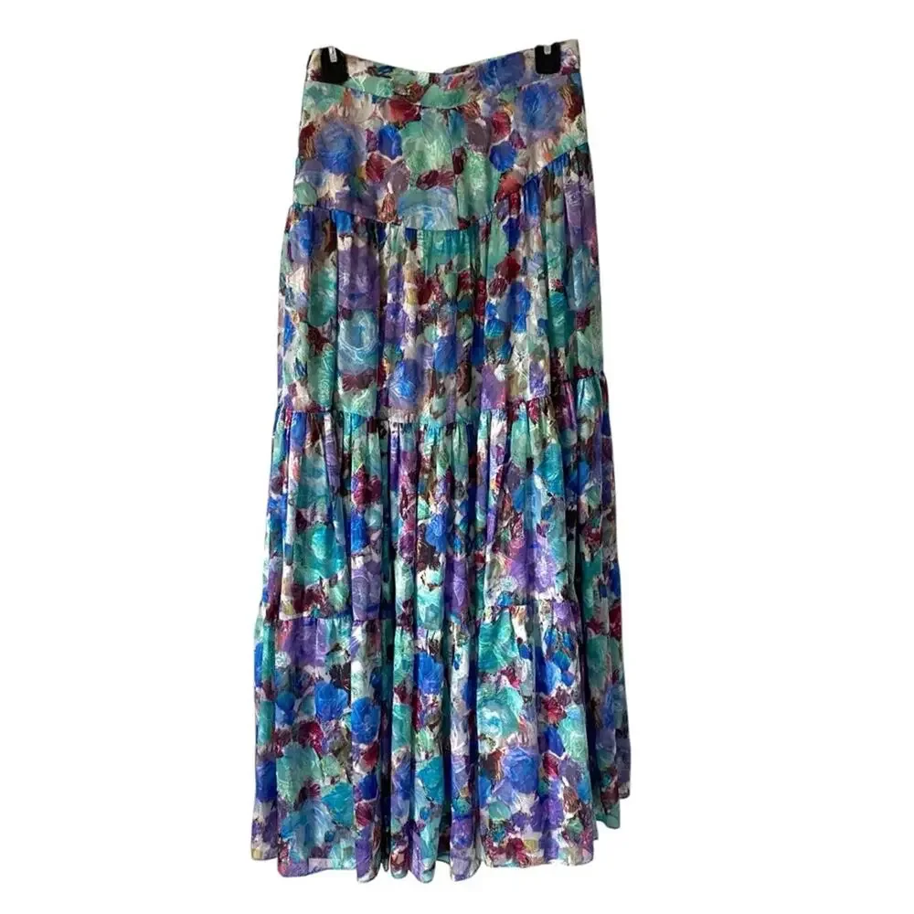 Patbo Blossum Tiered Blue Purple Print Maxi Skirt size 4 - Picture 4 of 8